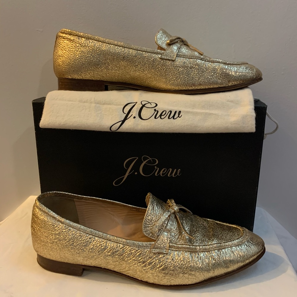 J crew gold metallic leather academy loafers